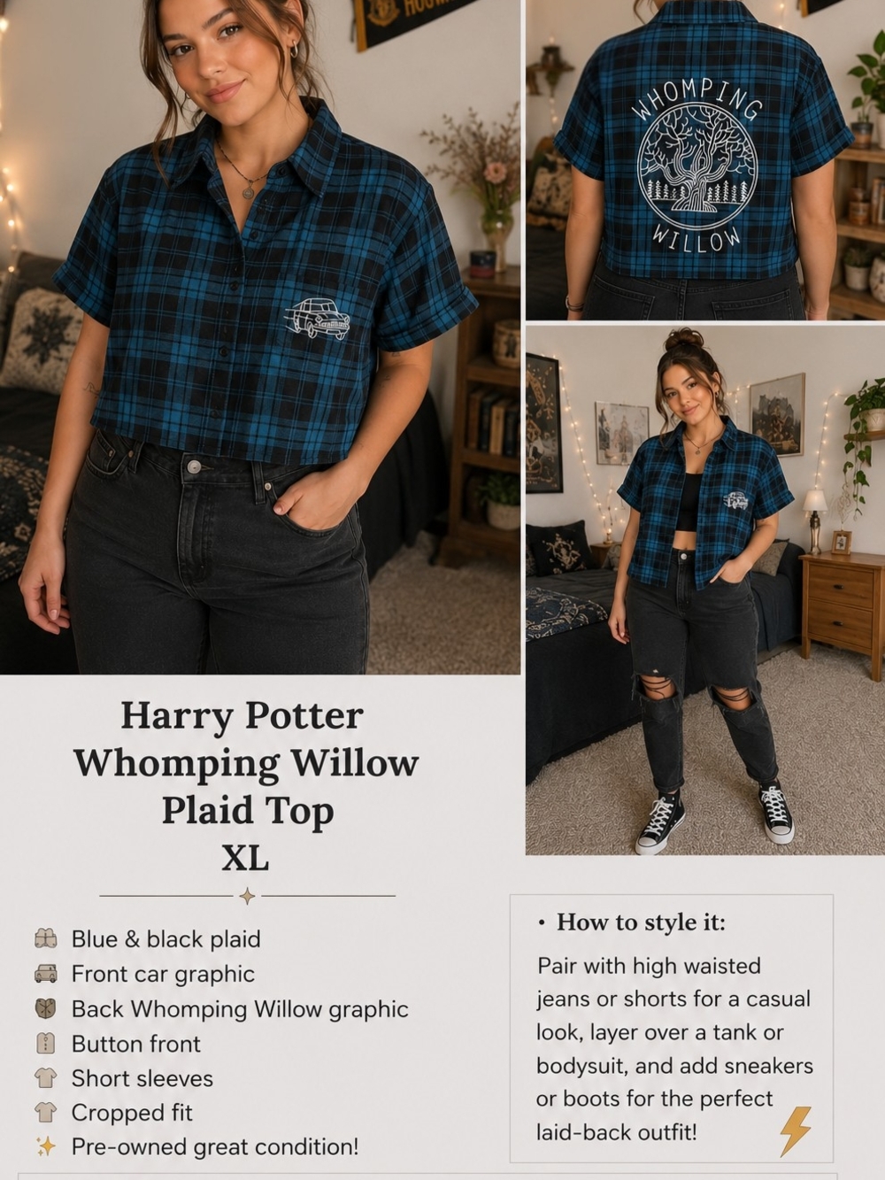 Harry Potter Forbidden Forest Short-Sleeved Crop Woven Button-XL